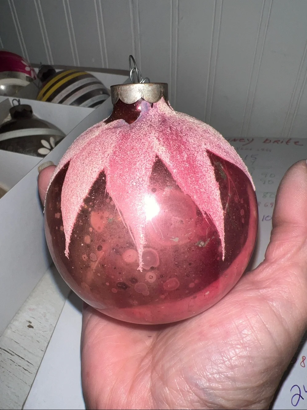 6 Antique Shiny Brite Mercury glass large ornaments mica